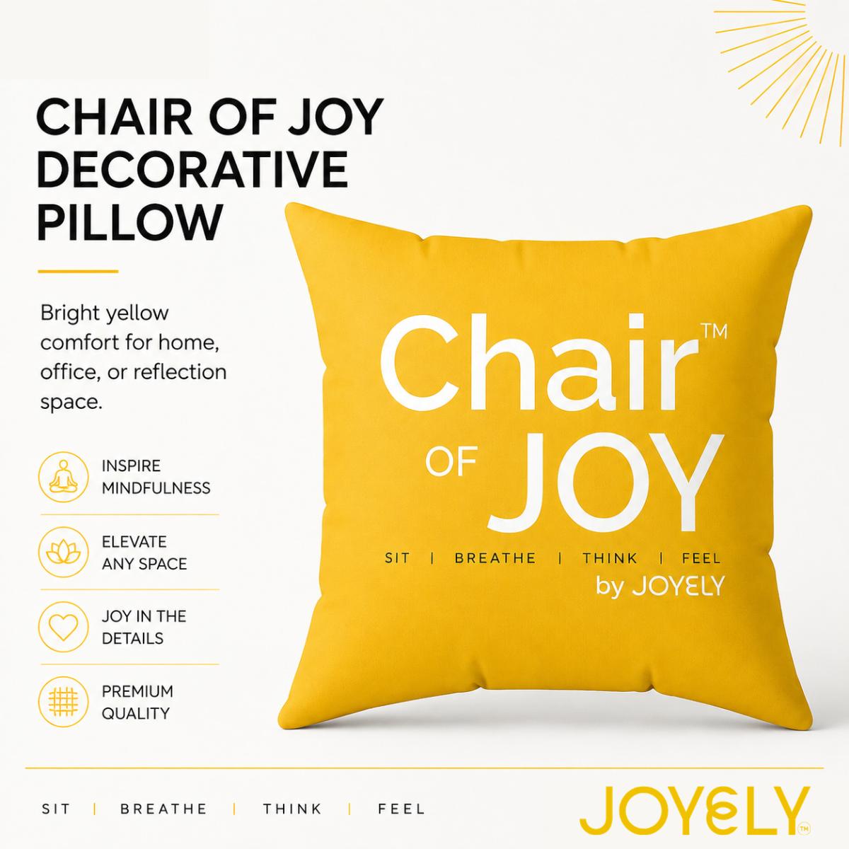 Chair of Joy Decorative Pillow - Bright Yellow Meditation Cushion with 'Chair of JOY' Text